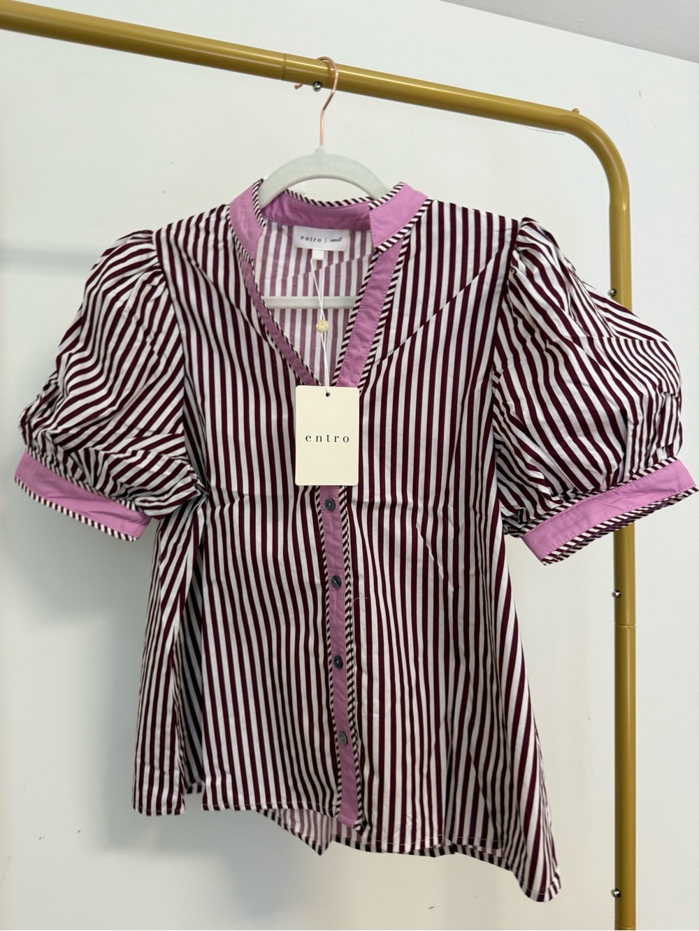 entro Burgundy and Pink Striped Puff-Sleeve Blouse